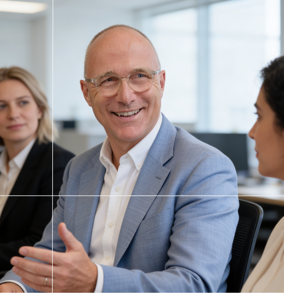 Smiling bald middle-aged man in glasses and light blue blazer gesturing while talking with two colleagues in an office.