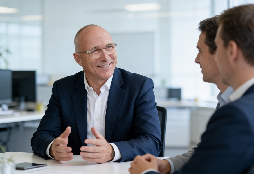 Smiling middle-aged man in glasses and navy blazer talking to two younger men at a white office table.